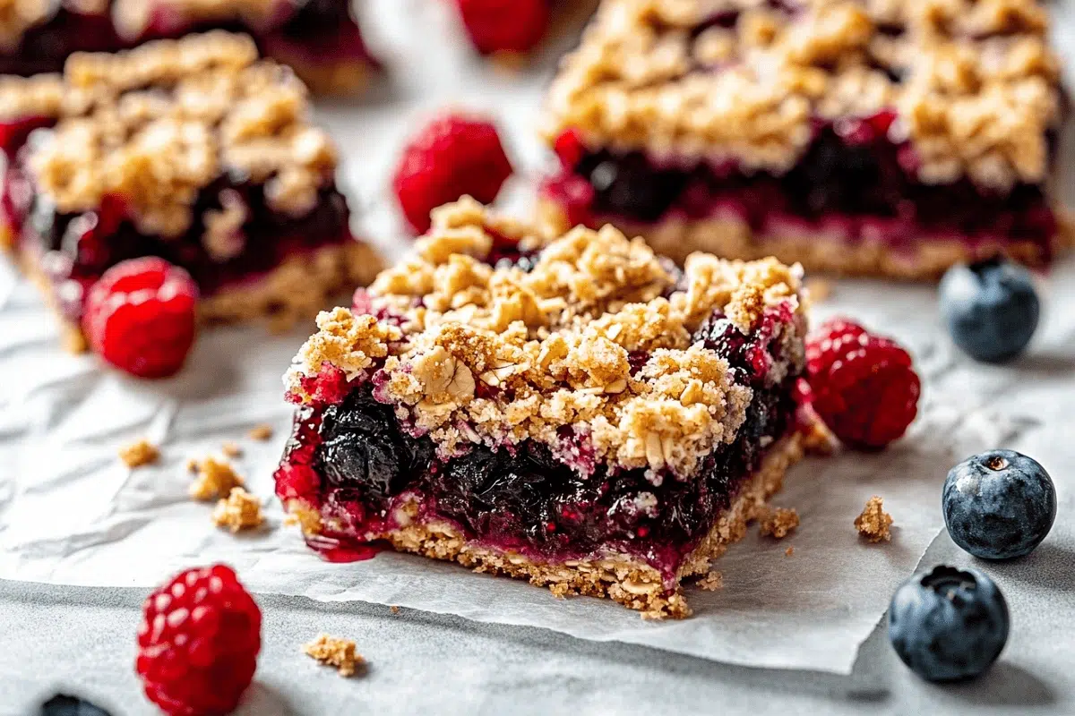 Freshly baked Wild Berry Jam Crumble Bars on parchment