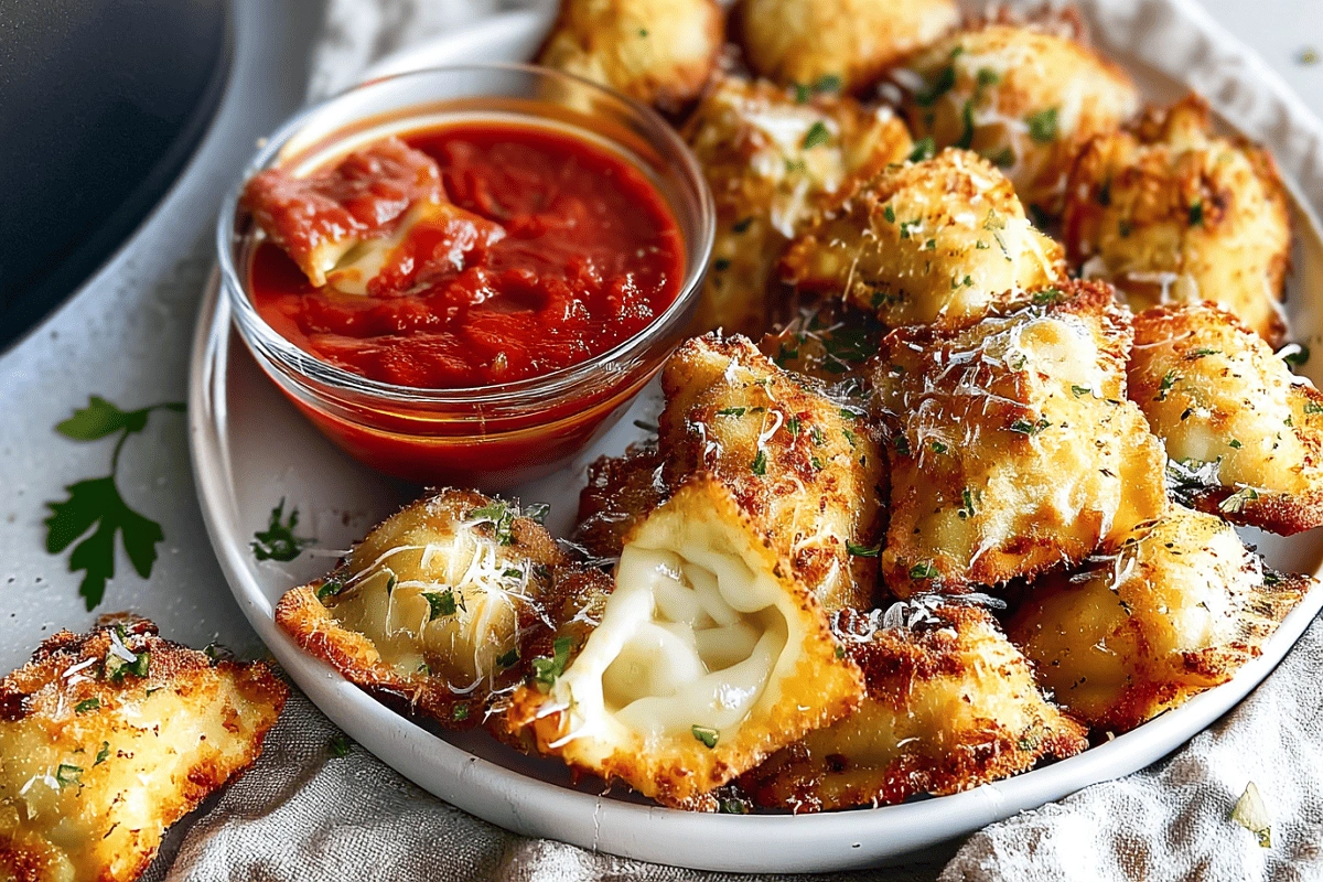Crispy air fryer ravioli served with marinara dipping sauce