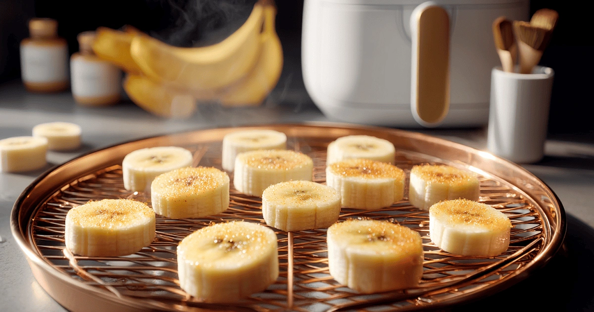banana slices cooking in air fryer