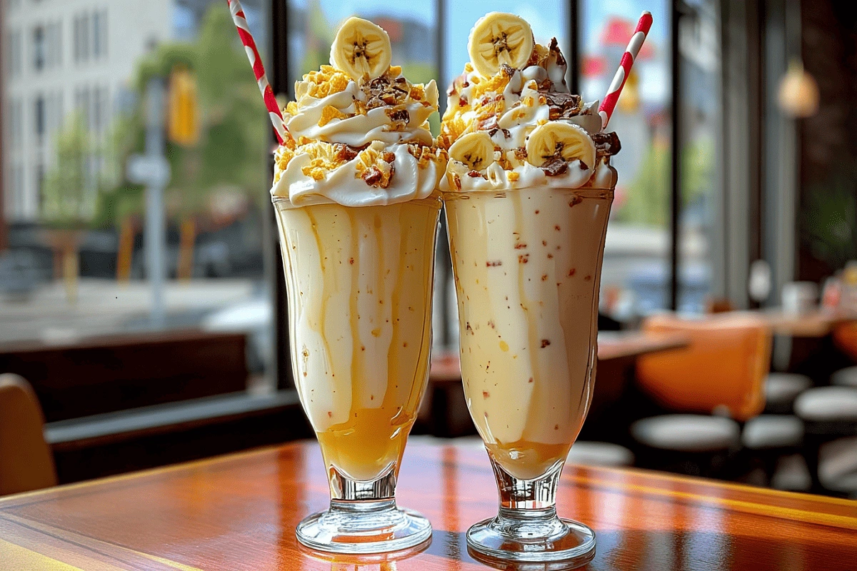 banana pudding milkshakes with whipped cream and banana slices in tall glasses