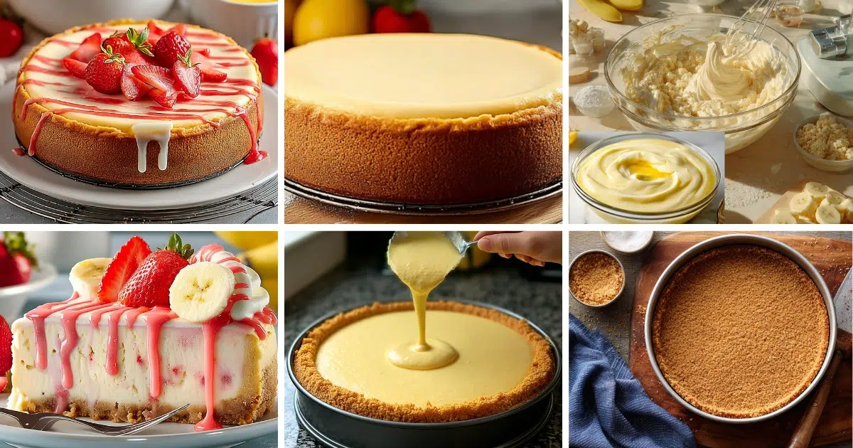 Step-by-step process collage showing crust preparation, banana cheesecake filling, baking, strawberry drizzle, and final decoration for Banana Strawberry Cheesecake Fantasy