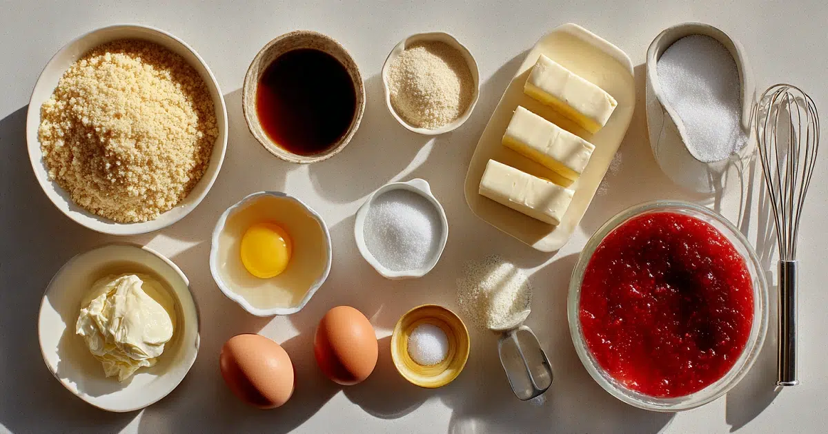 Flat lay of banana strawberry cheesecake fantasy ingredients including butter, eggs, sugar, cream cheese, graham cracker crumbs, and strawberry puree