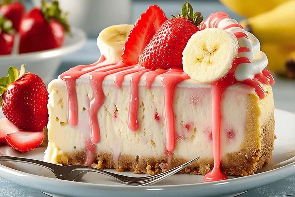 Slice of Banana Strawberry Cheesecake Fantasy with graham cracker crust and strawberry drizzle