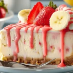 Slice of Banana Strawberry Cheesecake Fantasy with graham cracker crust and strawberry drizzle