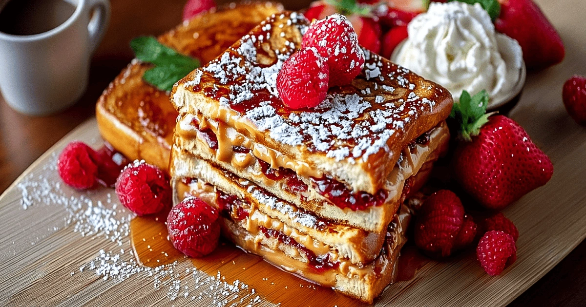 Brunch serving board with peanut butter and jelly stuffed French toast