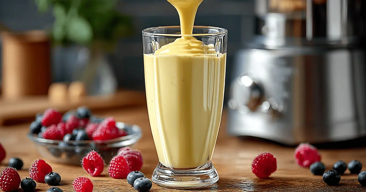 Thick vanilla custard milkshake in blender
