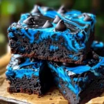 Blue Velvet Brownies with swirled chocolate and vibrant blue frosting stacked on parchment