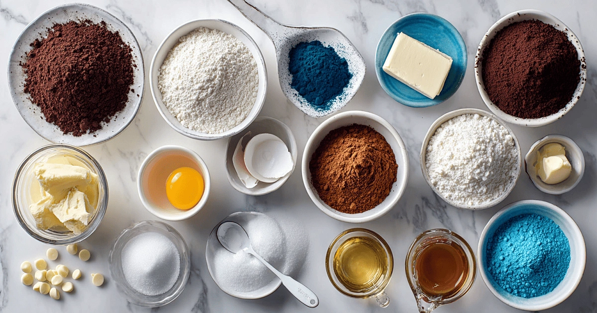 Ingredients for Blue Velvet Brownies including cocoa powder, gel food coloring, eggs, and butter