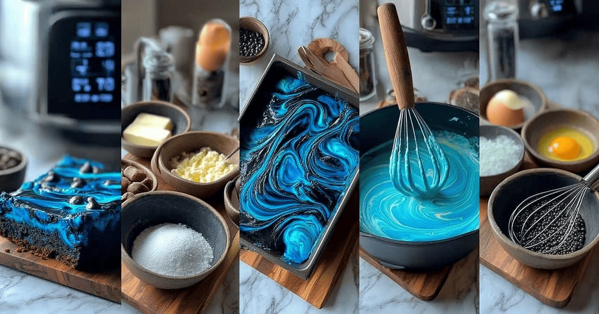 Blue Velvet Brownies being made step-by-step from ingredients to mixing and baking with blue swirls