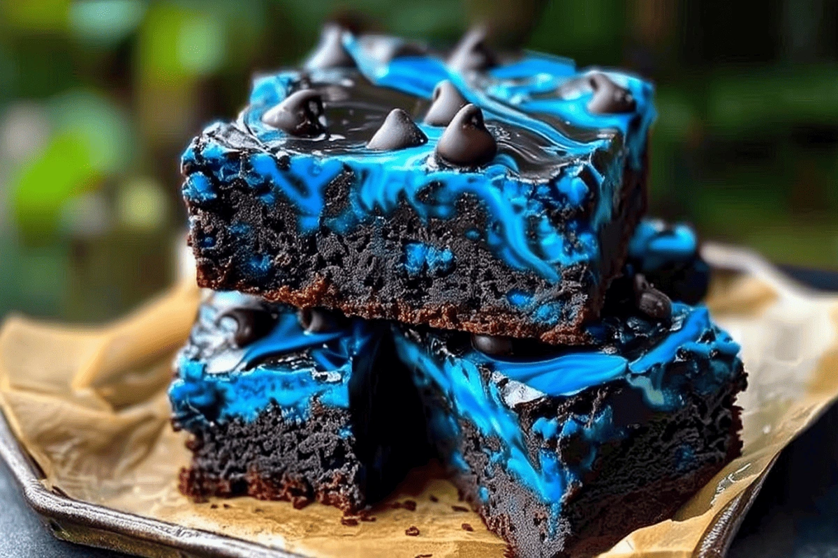 Blue Velvet Brownies with swirled chocolate and vibrant blue frosting stacked on parchment
