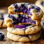 Blueberry Cheesecake Swirl Cookies with creamy filling and fresh blueberries on a wooden board