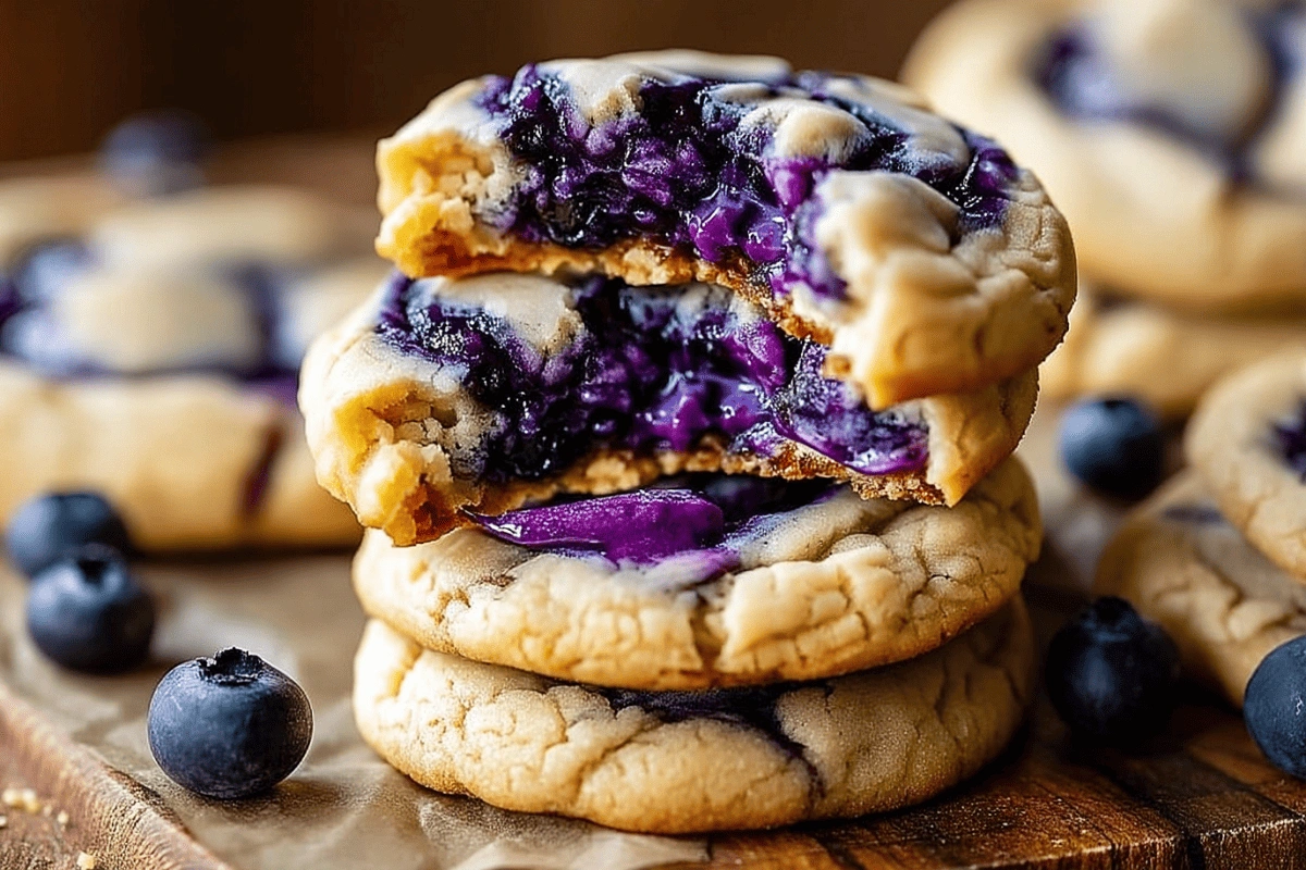 Blueberry Cheesecake Swirl Cookies with creamy filling and fresh blueberries on a wooden board