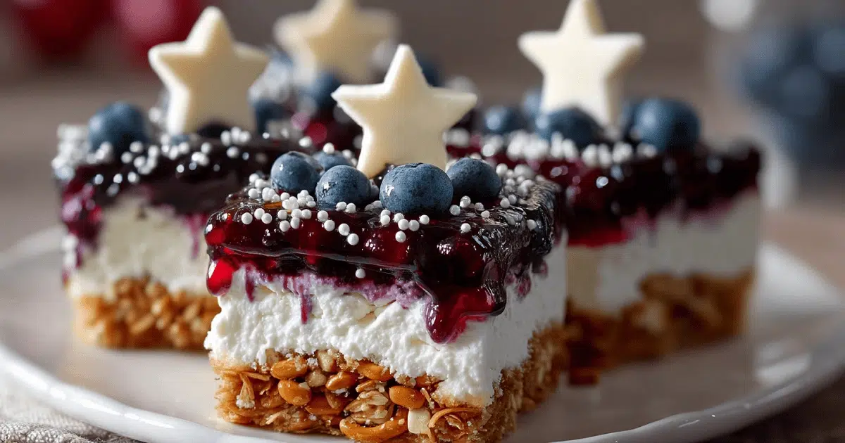 Decorated blueberry pretzel salad bars topped with fresh blueberries, star-shaped white chocolate, and pearl sprinkles