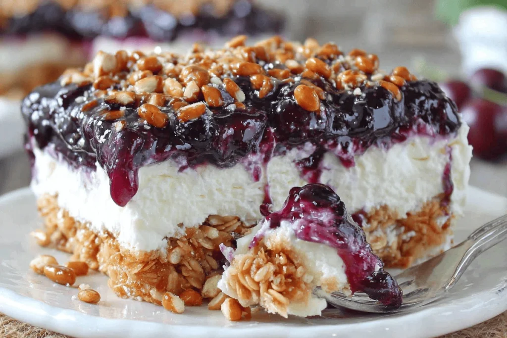 Close-up of blueberry pretzel salad showing distinct dessert layers with crunchy crust, creamy center, and blueberry topping