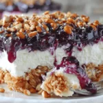 Close-up of blueberry pretzel salad showing distinct dessert layers with crunchy crust, creamy center, and blueberry topping