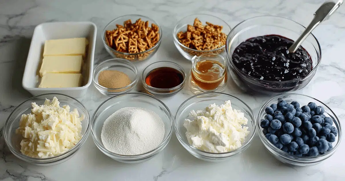 Overhead view of ingredients for blueberry pretzel salad including cream cheese, pretzels, blueberries, sugar, butter, and pie filling