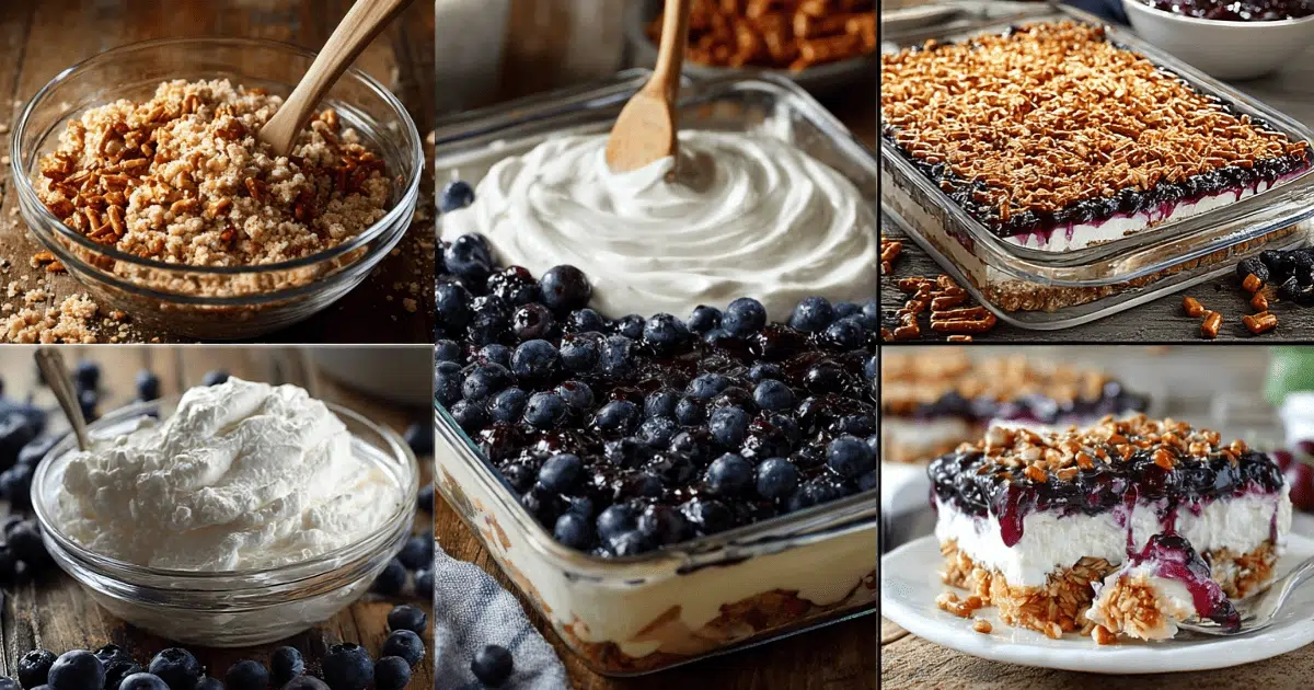 Step-by-step collage of blueberry pretzel salad showing pretzel crust, whipped filling, blueberry topping, and final served slice