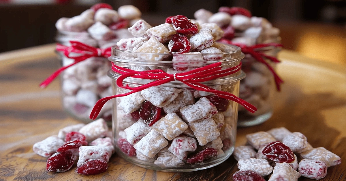 Cherry Cheesecake Puppy Chow in gift jars