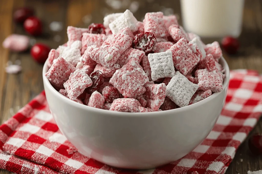 Cherry Cheesecake Puppy Chow snack mix in a white bowl