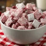 Cherry Cheesecake Puppy Chow snack mix in a white bowl