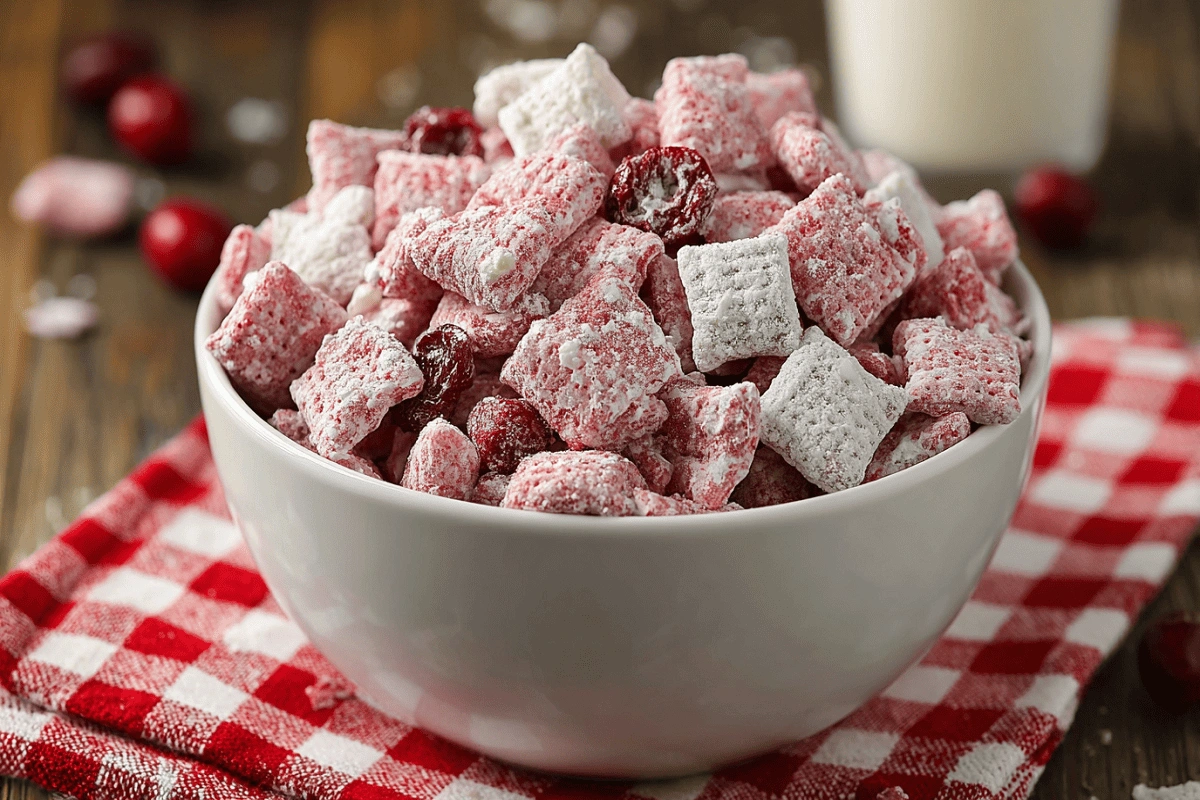 Cherry Cheesecake Puppy Chow snack mix in a white bowl