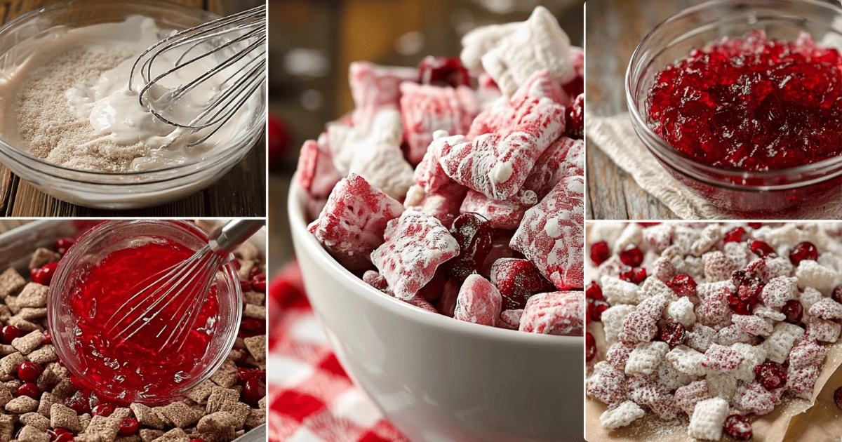 Collage showing step-by-step process of making Cherry Cheesecake Puppy Chow, including mixing white chocolate, cherry gelatin, coating Chex cereal, and finished snack mix in a white bowl