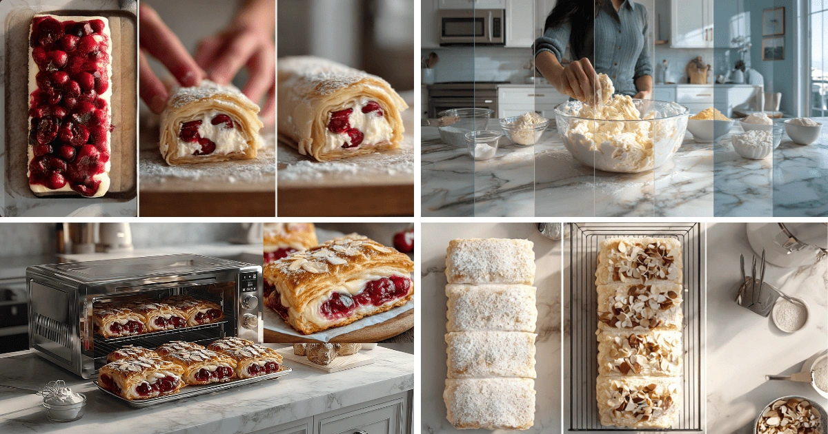 Step-by-step collage of Cherry Cream Cheese Danish with Almond Flakes from preparation to finished pastry