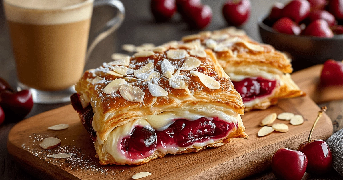 Cherry Cream Cheese Danish with Almond Flakes served with coffee on wooden board
