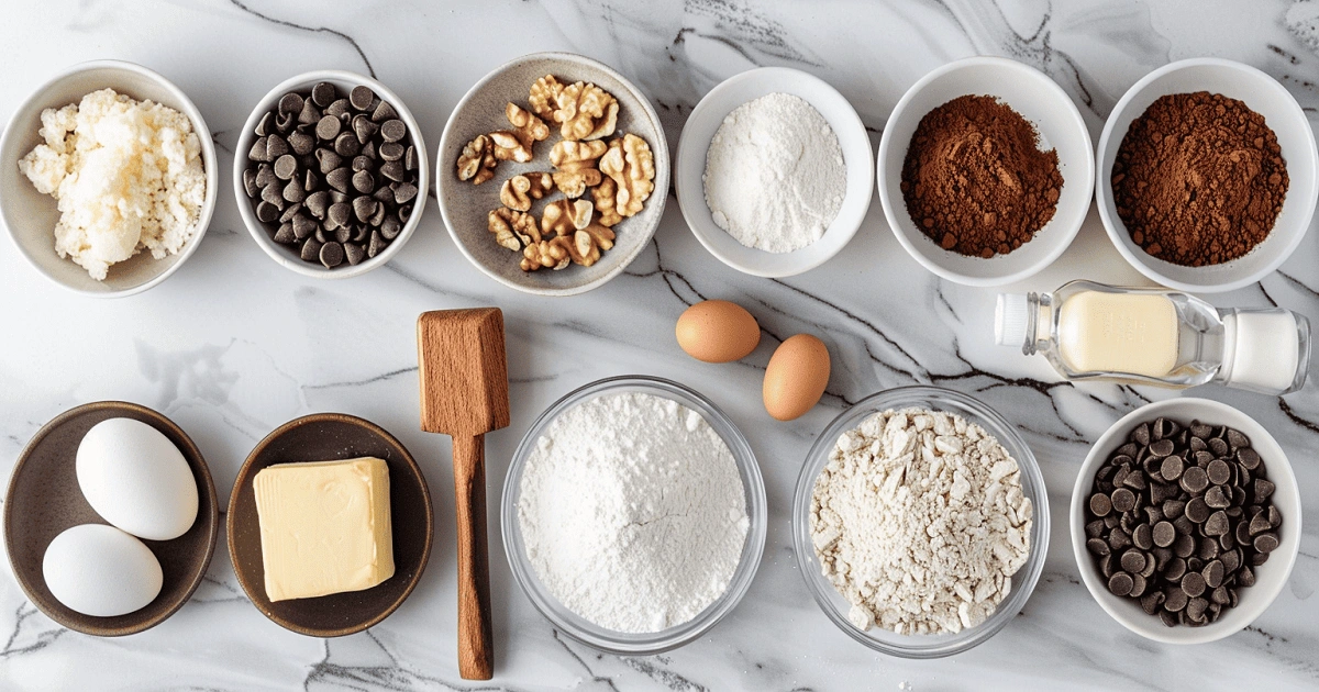 Overhead view of chocolate chip cookie ingredients including butter, sugar, flour, chocolate chips, walnuts, eggs, and vanilla on a marble surface