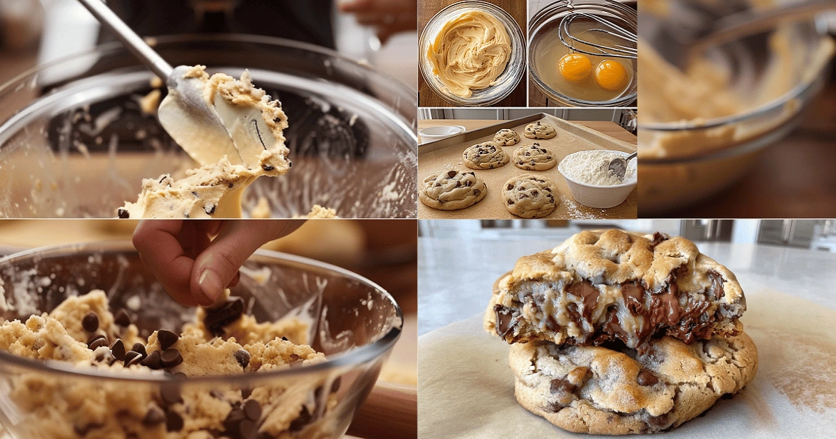 Step-by-step process of making chocolate chip cookies with dough preparation, mixing, scooping, and baked gooey cookies