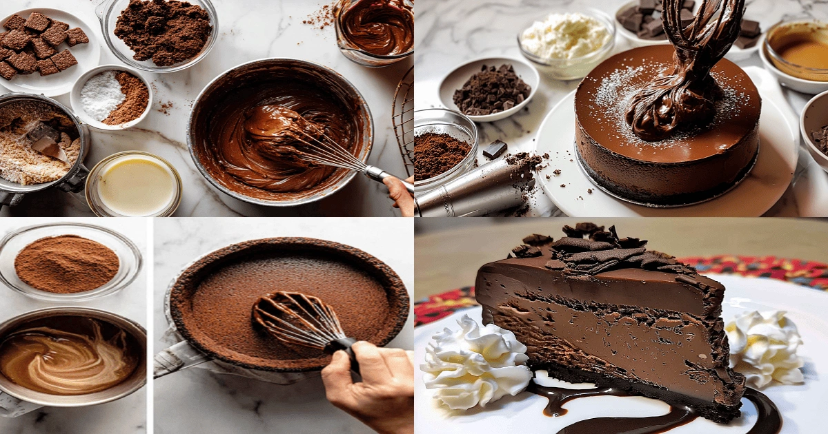 Step-by-step collage showing Chocolate Fudge Truffle Cheesecake preparation including mixing batter, baking crust, applying ganache, and the final sliced cheesecake