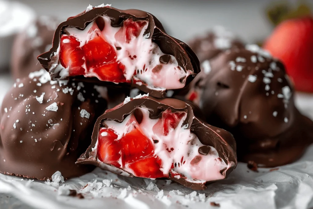 Close-up of chocolate strawberry frozen yogurt bites with sea salt on top