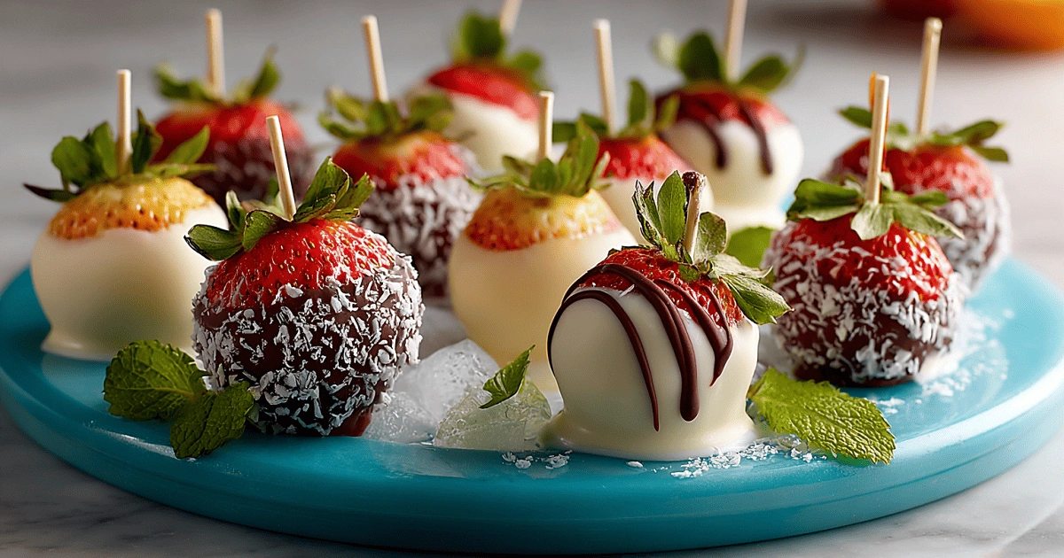 Strawberries dipped in white and dark chocolate, coated with shredded coconut and mint on a blue platter