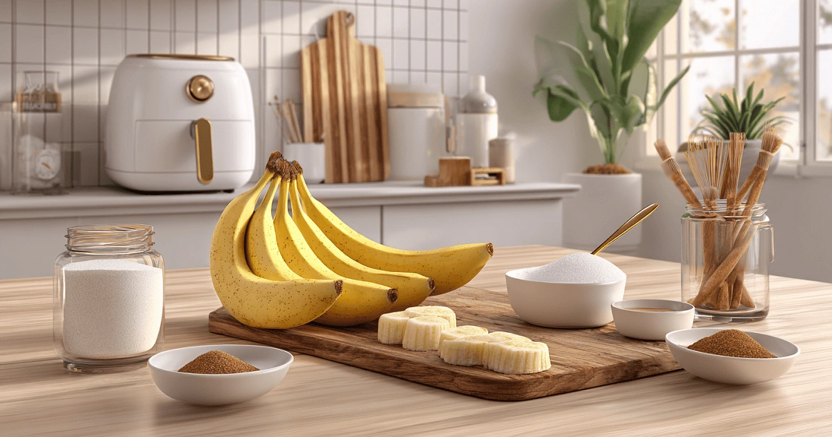ingredients for cinnamon sugar air fryer banana chips on kitchen counter