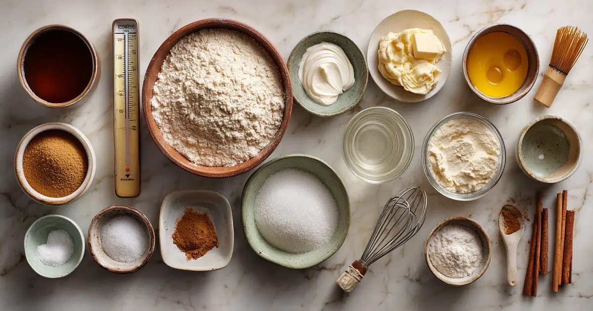 Top-down view of cinnamon sugar soft pretzel ingredients including flour, cinnamon, sugar, eggs, butter, and cream on marble surface