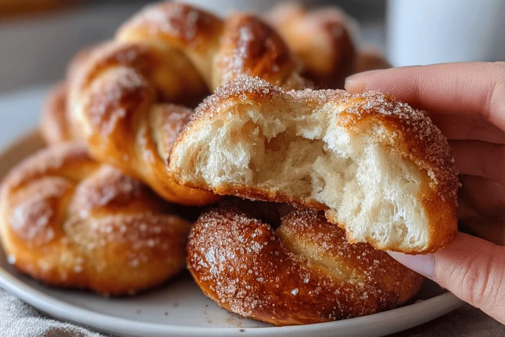 Close-up of freshly baked cinnamon sugar soft pretzels showing fluffy inside and golden sugar coating