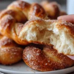 Close-up of freshly baked cinnamon sugar soft pretzels showing fluffy inside and golden sugar coating