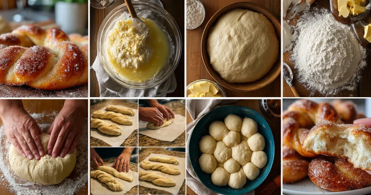 Step-by-step collage of cinnamon sugar soft pretzel dough being mixed, kneaded, proofed, shaped, and baked