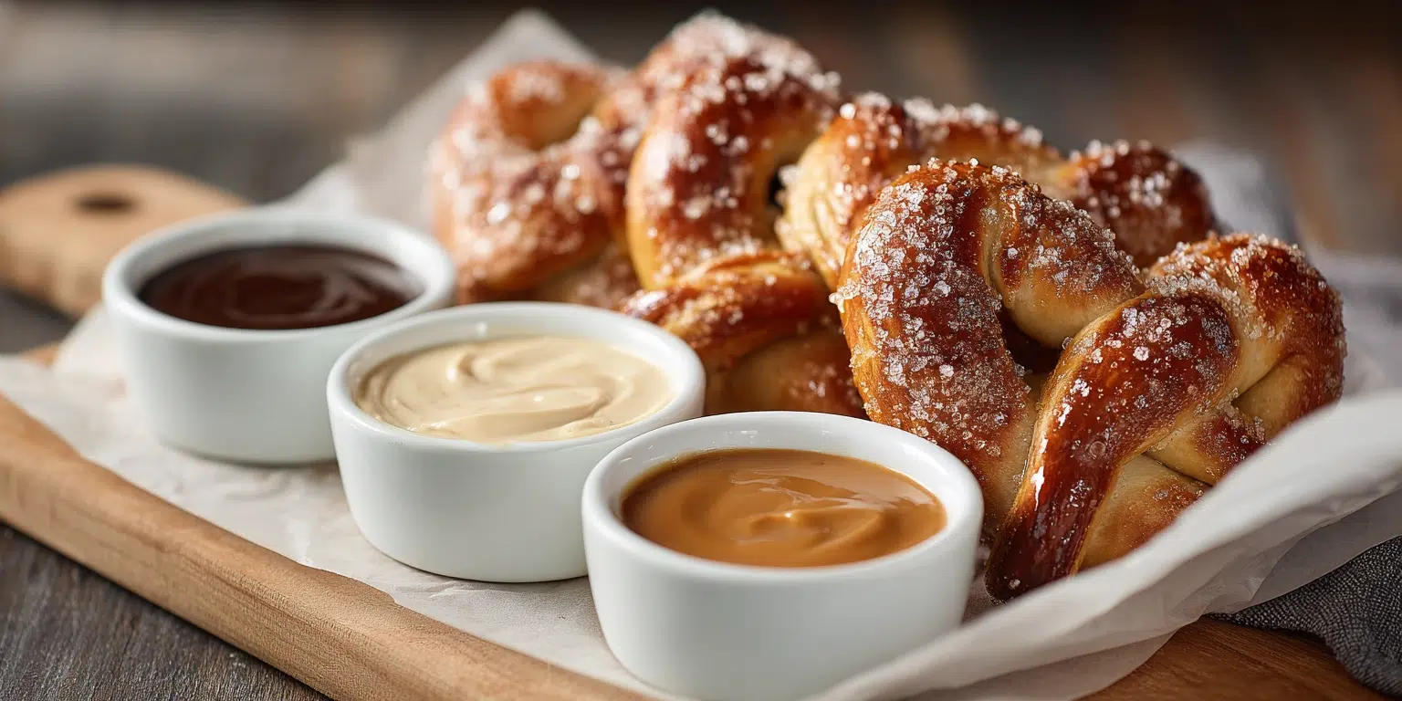 Fresh cinnamon sugar soft pretzels served with chocolate, cream cheese, and caramel dipping sauces in white ramekins