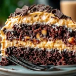 Slice of Classic German Chocolate Cake with coconut pecan frosting and chocolate shavings on top
