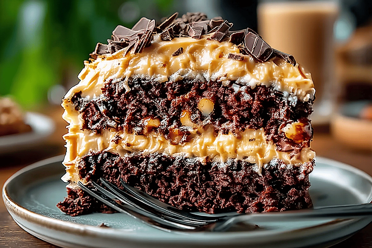 Slice of Classic German Chocolate Cake with coconut pecan frosting and chocolate shavings on top