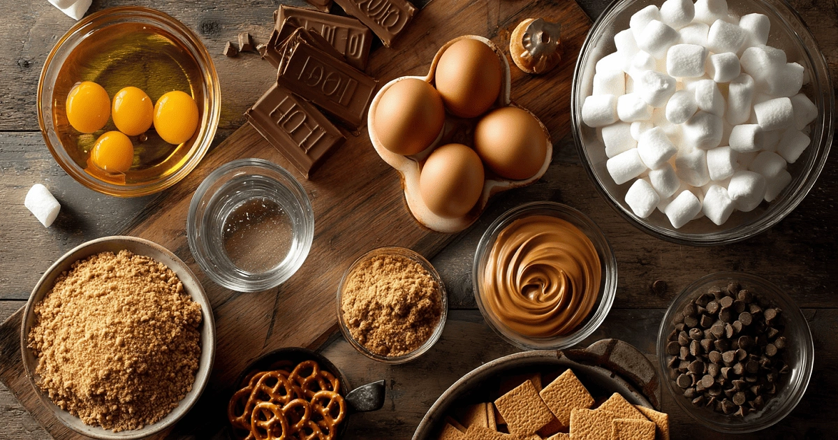 S’mores brownies ingredients including chocolate, marshmallows, graham crackers, peanut butter, eggs, and sugar on wooden background