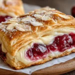 Cherry Cream Cheese Danish with Almond Flakes close-up on parchment paper