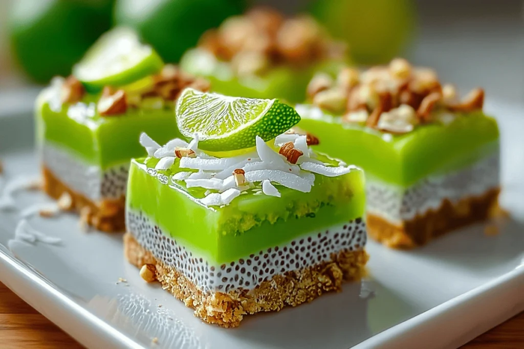 Coconut Lime Chia Pudding Bars topped with shredded coconut and lime slice on crunchy crust