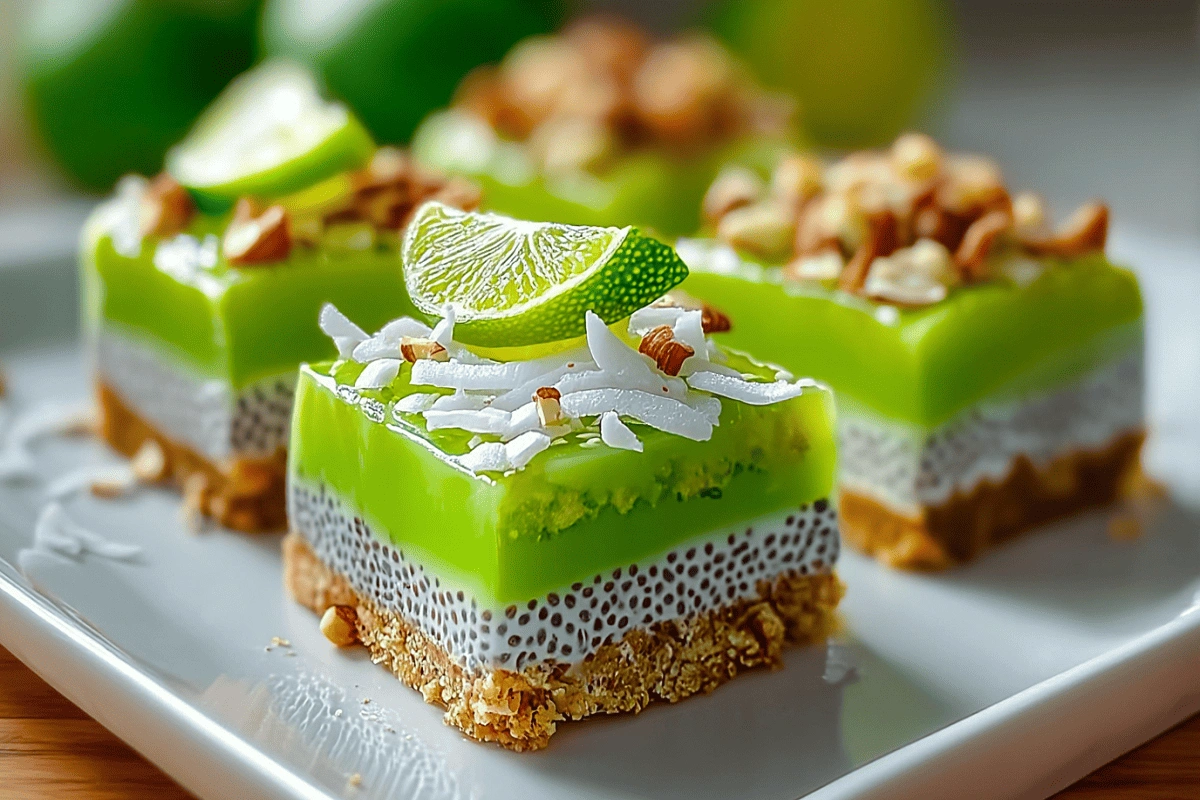 Coconut Lime Chia Pudding Bars topped with shredded coconut and lime slice on crunchy crust