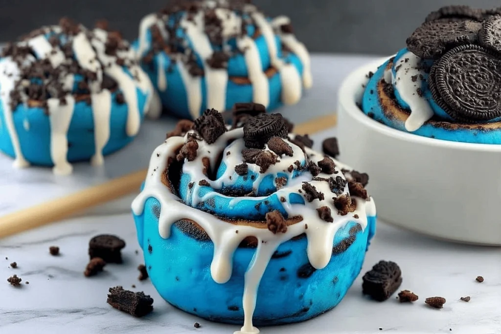 Cookie Monster cinnamon rolls topped with crushed cookies and cream cheese icing
