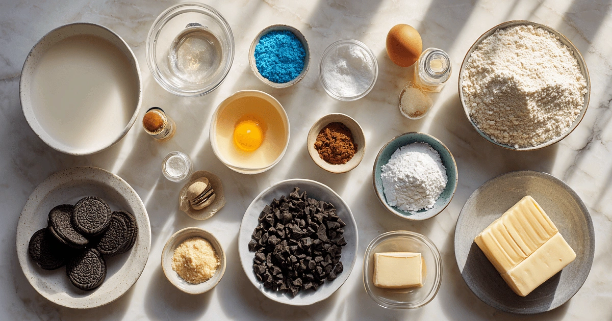 Ingredients for Cookie Monster cinnamon rolls including blue food coloring, cookies, flour, butter, sugar, and chocolate chips on a marble surface