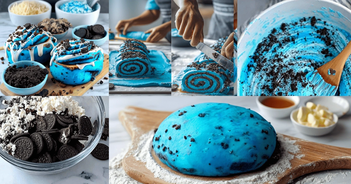 Step-by-step process of making Cookie Monster cinnamon rolls with blue dough, crushed Oreos, filling, rolling, and slicing