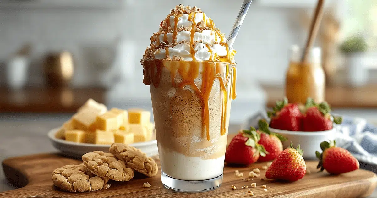 Copycat Starbucks Caramel Frappuccino with caramel drizzle, cookies, and fresh strawberries on a wooden board