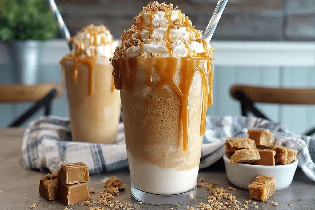 Copycat Starbucks Caramel Frappuccino with whipped cream and caramel drizzle